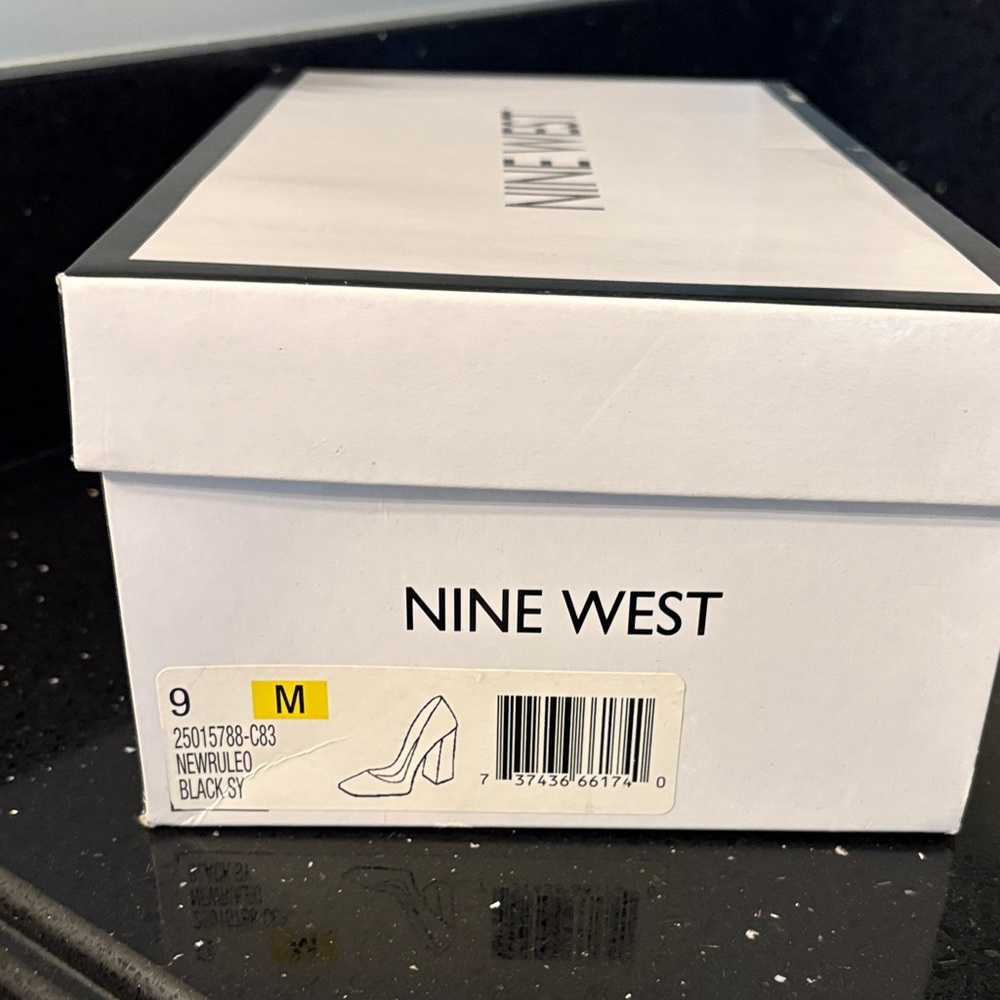 *Nine West NEWRULEO BLACK SY Black Patent Almond Toe Chunky Heel Pump - Picture 3 of 17